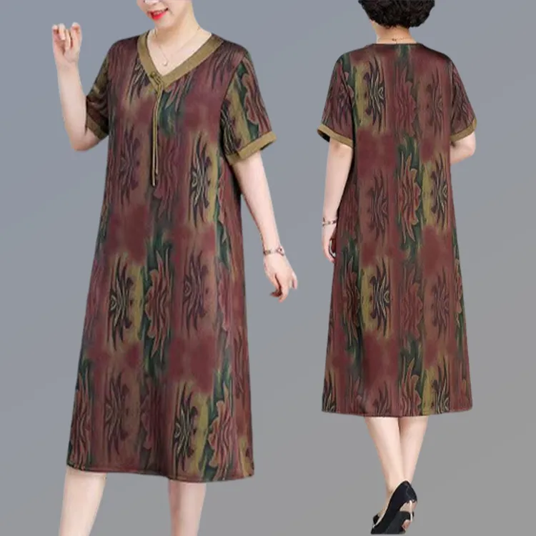 时尚高贵中年气质宽松中老年连衣裙宽松V领夏季时尚妈妈裙