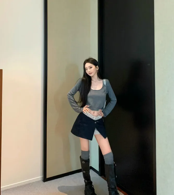 辣妹套装简约纯色长袖针织上衣+叠穿两件套半身裤裙#8196