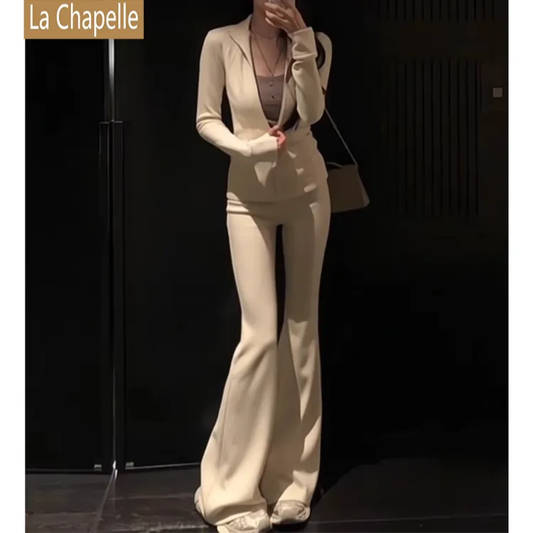 拉夏贝尔气质韩版休闲运动套装女秋修身洋气开衫上衣喇叭裤两件套