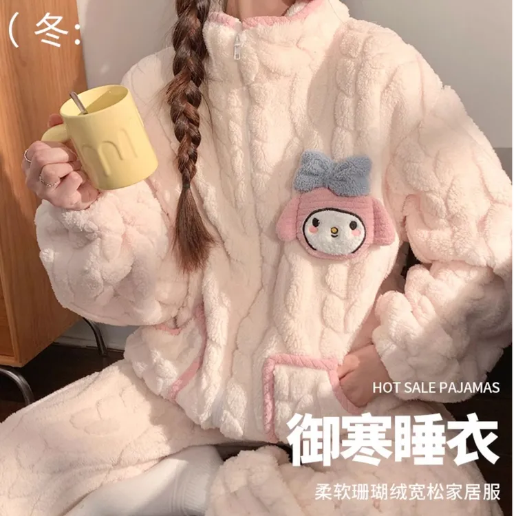 珊瑚绒睡衣女秋冬季加绒加厚2025年新款拉链卡通法兰绒冬天家居服