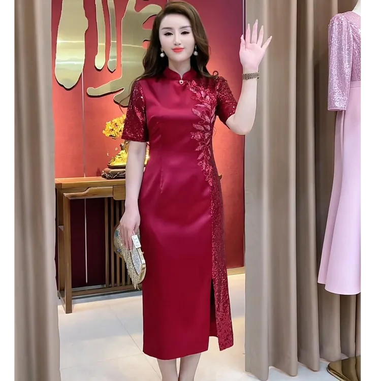 61663新品气质妈妈婚宴礼服裙年轻高贵喜婆婆装新中式旗袍连衣裙