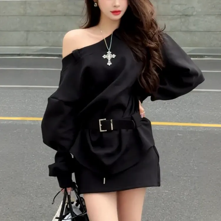 2025年女宽松型中长款适中春季斜领卫衣套头长袖轻熟风