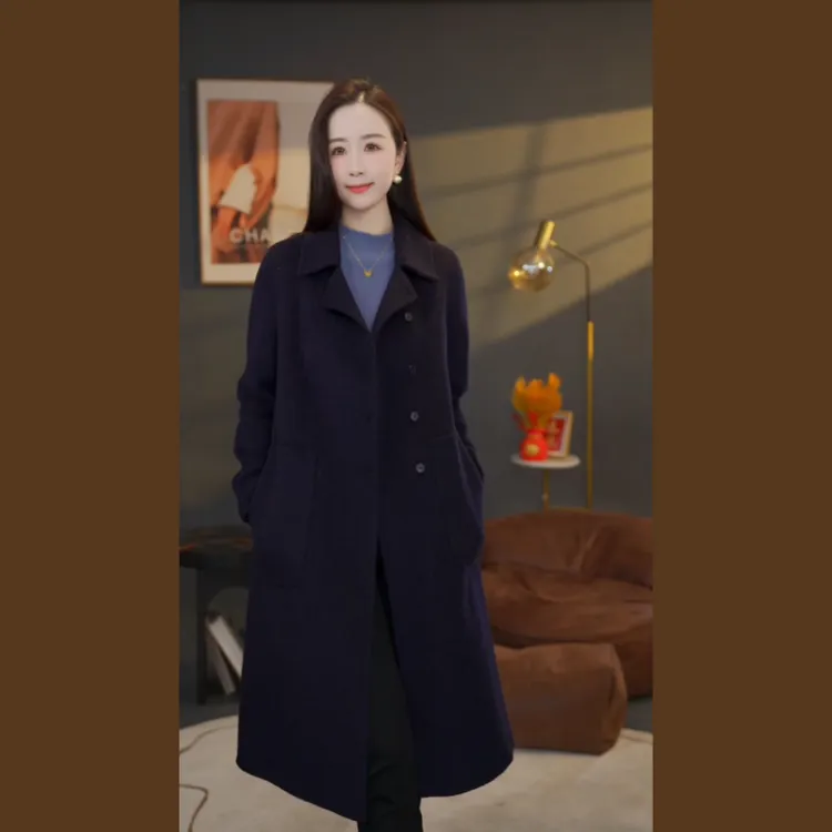 【杨杨专属】曼贝双面羊绒大衣高端时尚百搭羊绒外套8584063深墨蓝