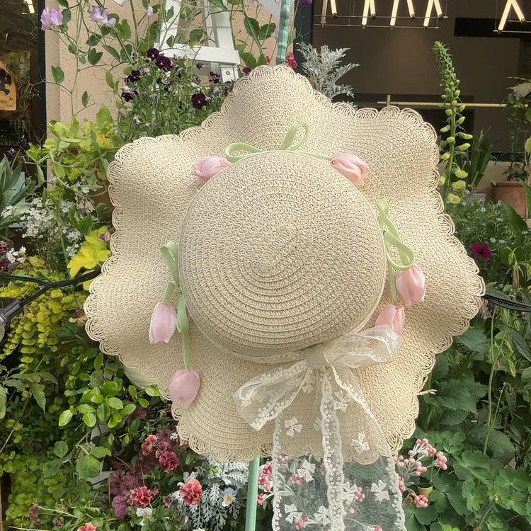 夏蕾丝郁金香草编帽草帽防紫外线防晒海边沙滩拍照网红少女大帽檐