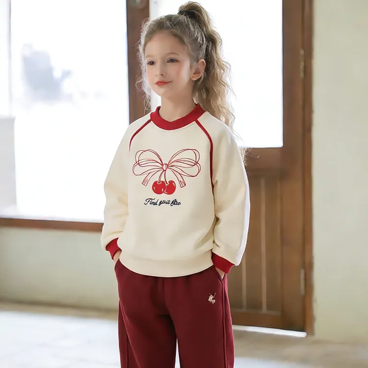 儿童樱桃加绒卫衣加厚挂里子插肩袖休闲卫衣冬季保暖内搭外穿上衣