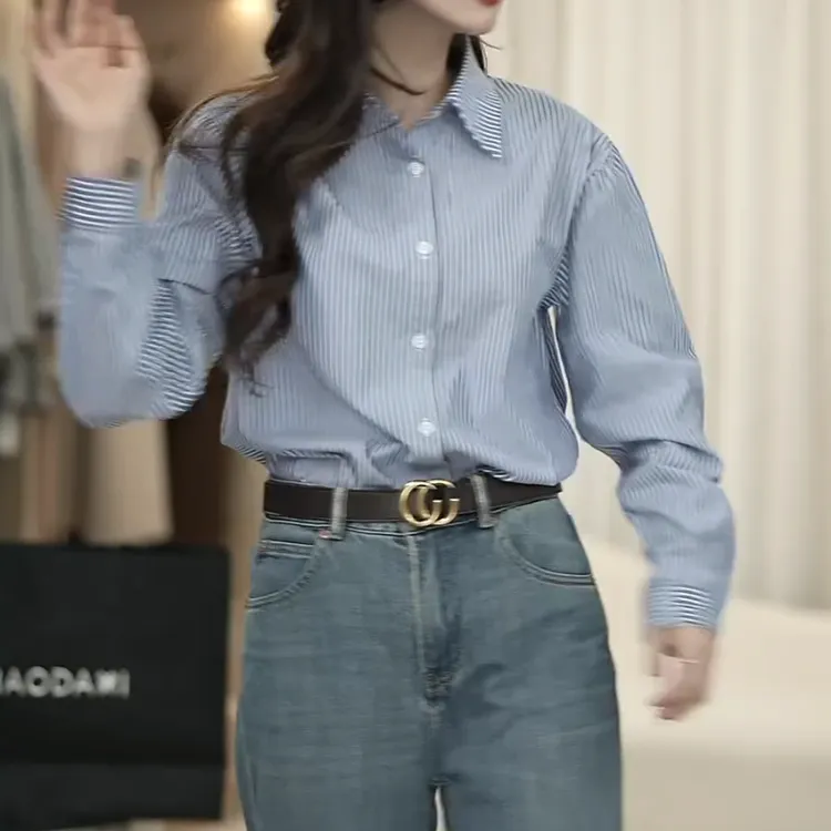 2025新款设计感蓝色条纹衬衫春款时尚女长袖休闲衬衣LK2501327