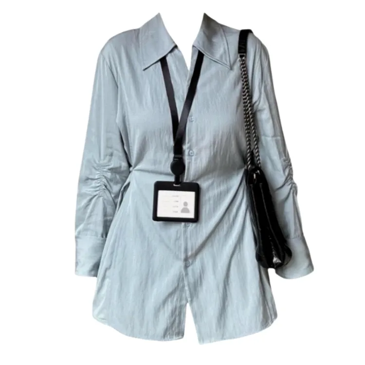 2025年新款职业通勤POLO领衬衫春秋款设计感收腰显瘦衬衣排扣上衣