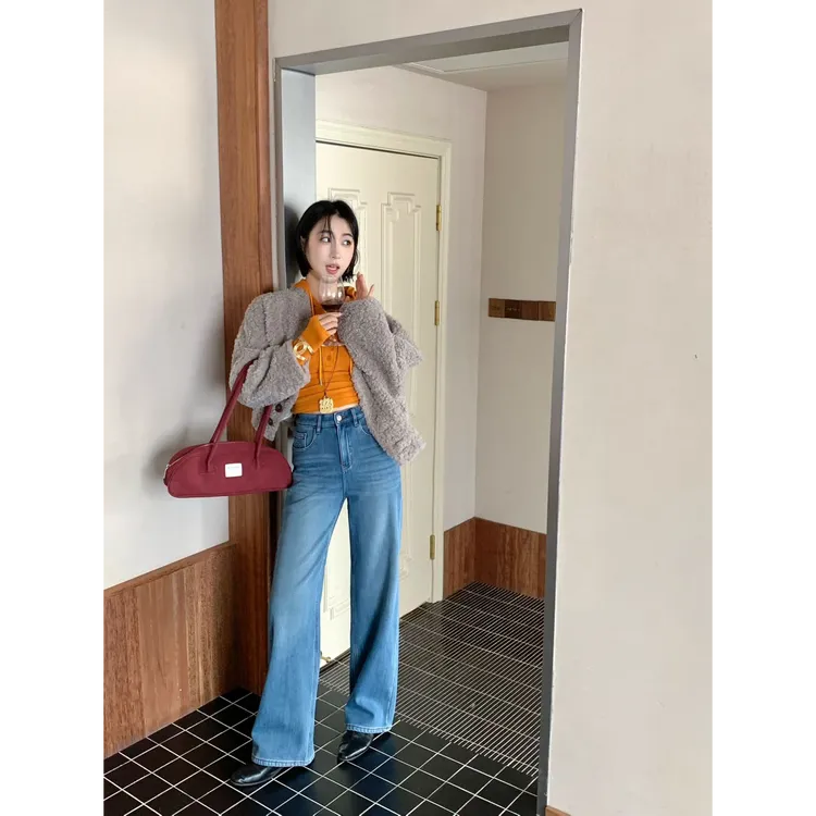 25冬欧货新款安绮斯58909小马图腾复合绒窄版直筒堆堆裤牛仔裤女