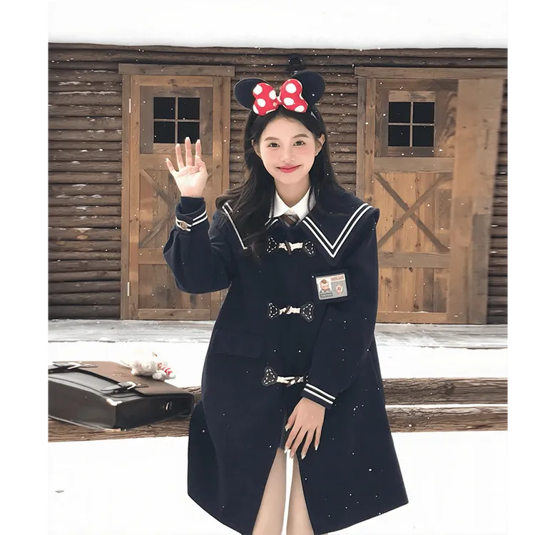 东京岁时记jk大衣冬日学院风外套保暖绀色牛角扣熊熊出没夹棉大衣