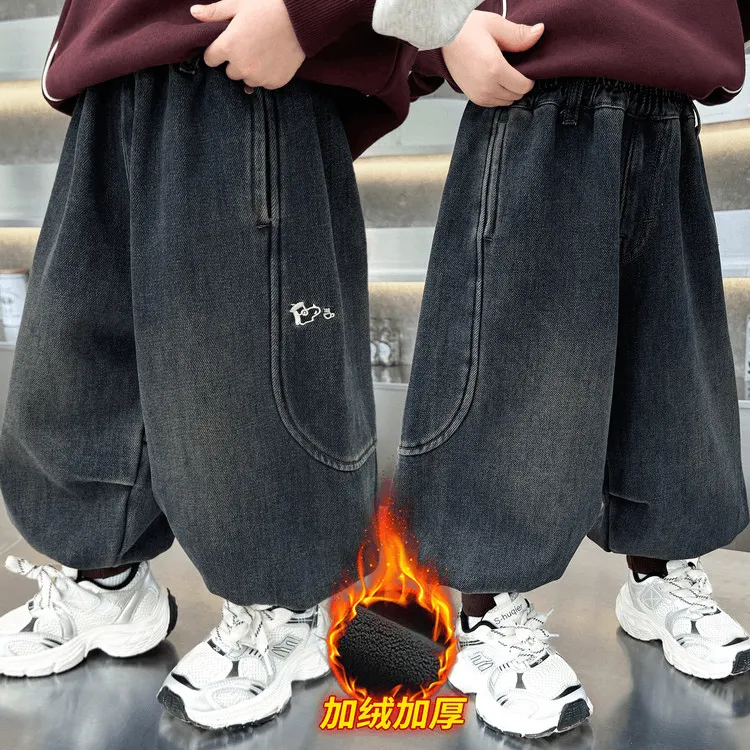 2025新款冬季加绒牛仔裤男女童保暖宽松休闲裤时尚百搭童装裤子