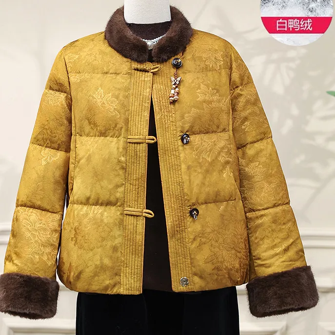 新款短款羽绒服女中老年妈妈装国风盘扣提花新中式白鸭绒保暖外套