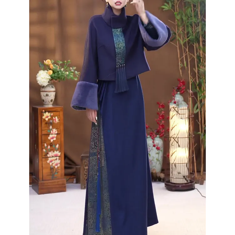 文艺国风时尚套装裙女2025秋冬新款复古加厚宽松显瘦外搭+连衣裙