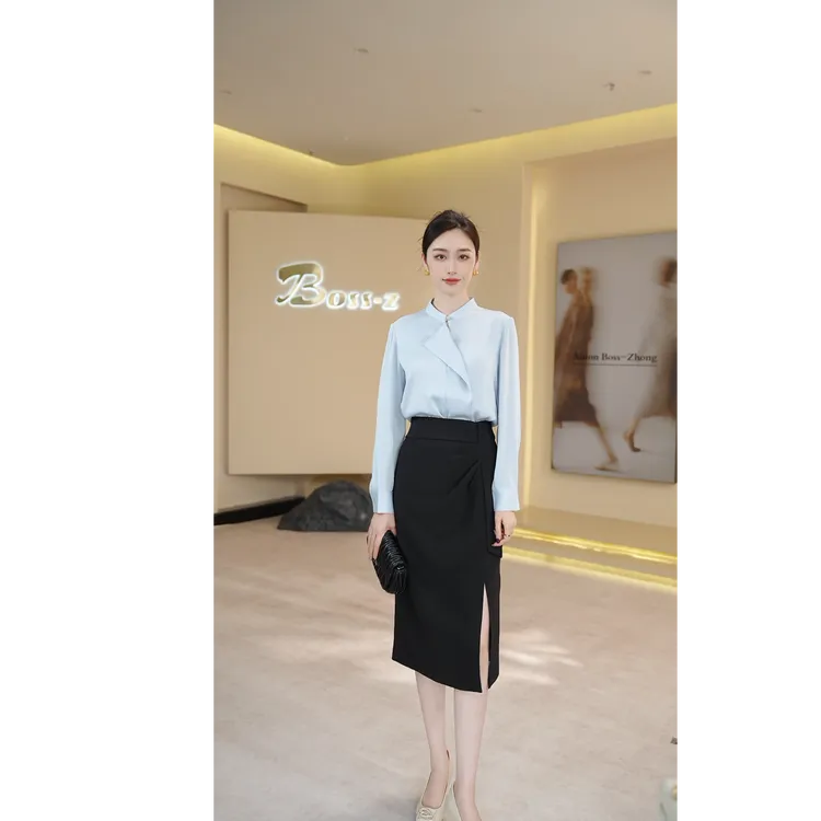 钟老板2025春季新款蓝色设计感衬衫简约长袖上衣女黑色显瘦半身裙