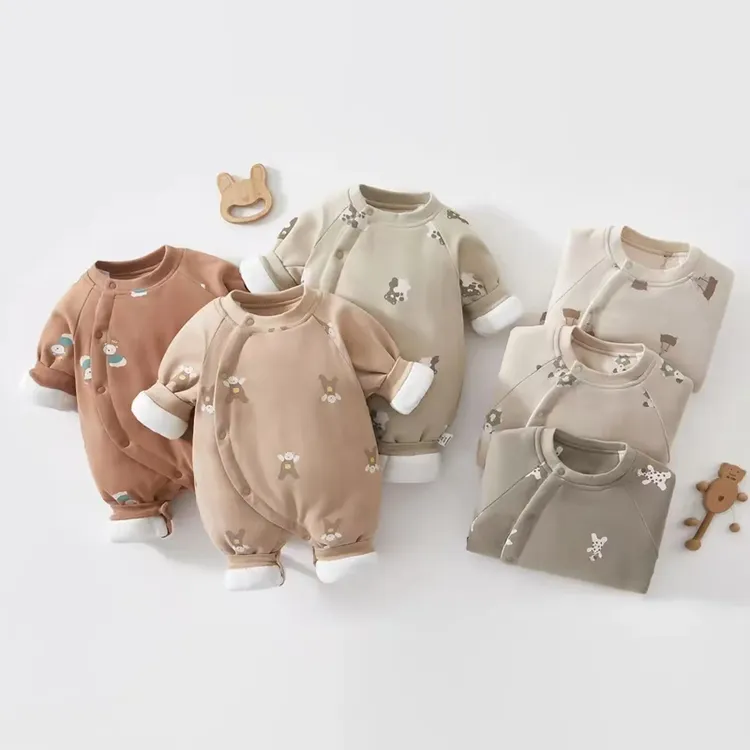 婴儿秋冬衣服新生儿纯棉偏开连体衣宝宝夹棉哈衣打底夹棉爬服棉衣