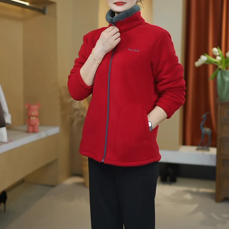 中年妈妈装秋冬女装休闲摇粒绒加绒加厚卫衣中老年人御寒保暖外套