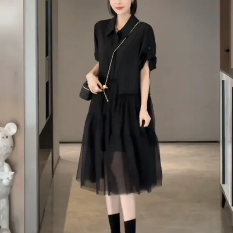 欧货时尚拼接假两件连衣裙女2025夏季洋气简约宽松显瘦大摆衬衫裙