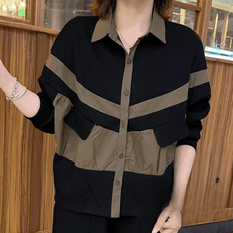 时尚短外套女2025春秋新款宽松显瘦休闲翻领拼接撞色百搭夹克上衣