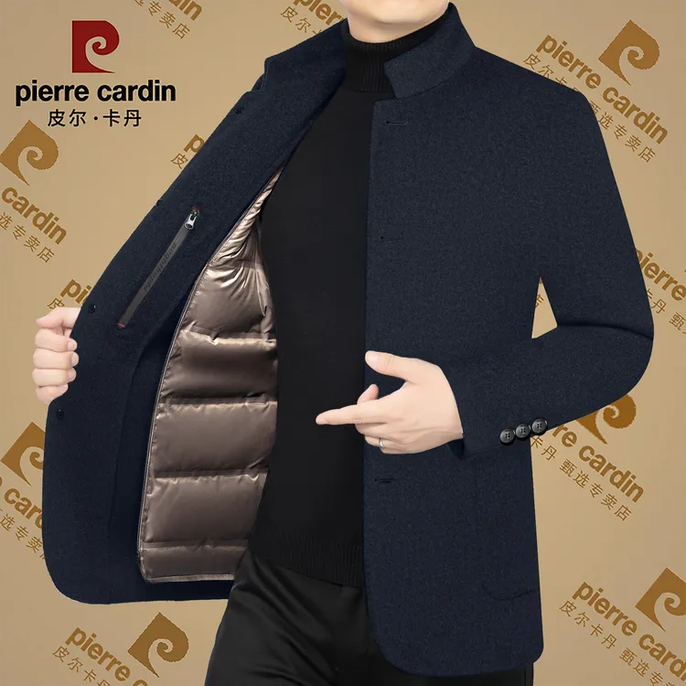 皮尔卡丹秋冬季新款高档男士立领中山装毛呢大衣内胆加厚保暖毛呢