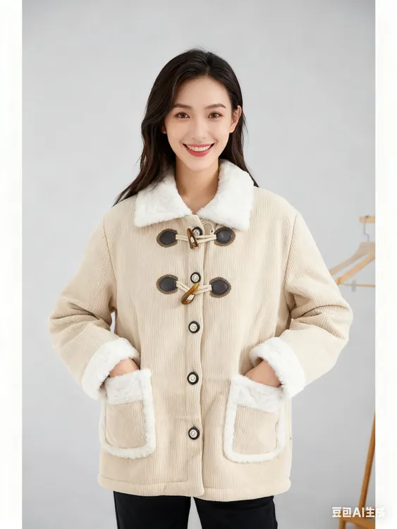 冬季加绒加厚翻领棉服女式休闲显瘦外套家居服韩版牛角扣设计
