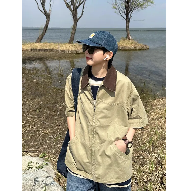 日系复古无性别宽松撞色古着拼接五分袖衬衫男女薄款短袖夹克衬衣