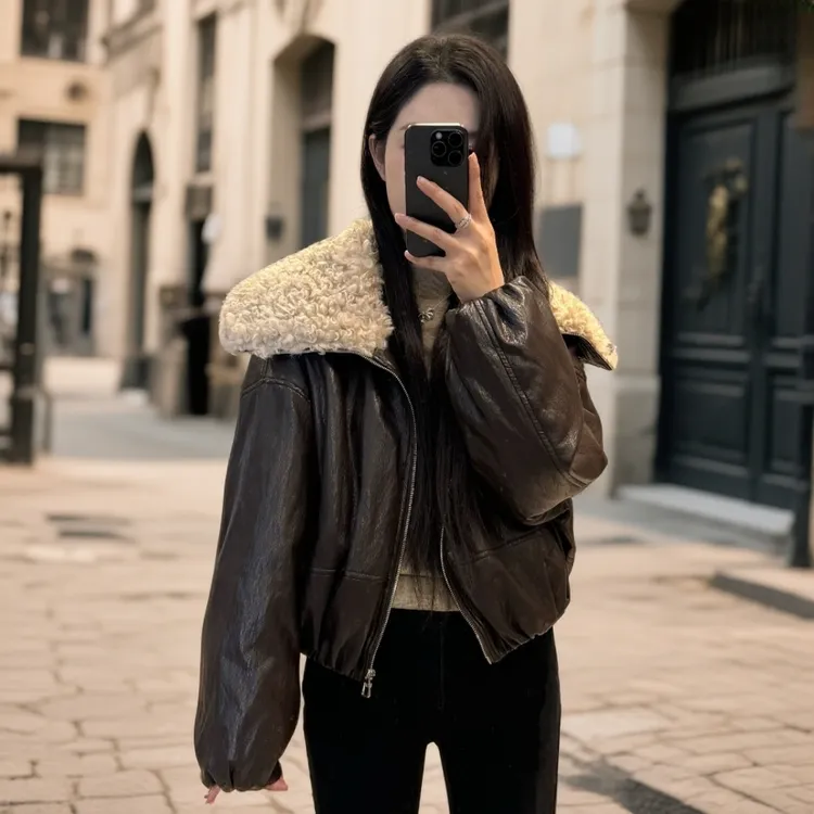 宿慕SUMU羽绒皮衣2025秋冬新款时尚90白鸭绒机车羽绒服外套女9002