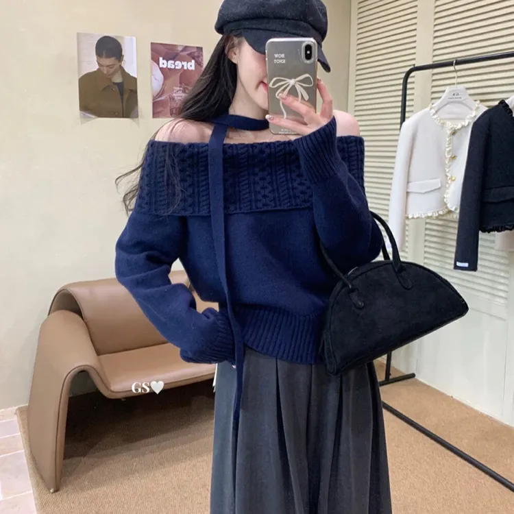 秋冬新款韩版设计感小众翻领一字肩套头针织衫气质毛衣女263-3