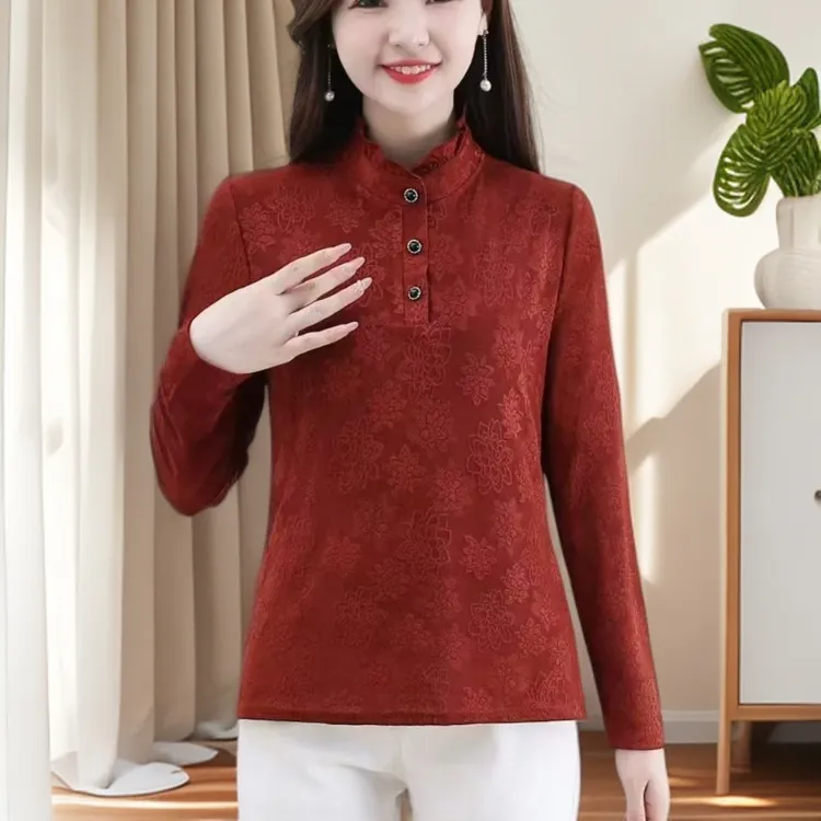 妈妈装提花棉秋冬打底衫遮肉显瘦好看洋气修身荷叶领中老年上衣