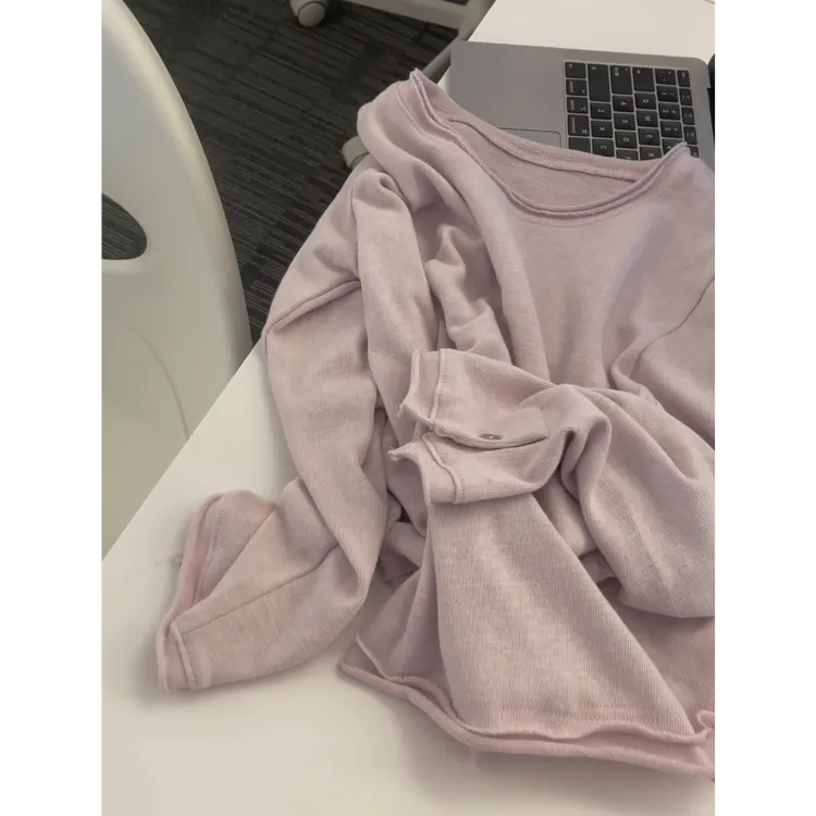 粉色长袖T恤女简约高级感双层毛边领独特别致韩版休闲打底衫上衣