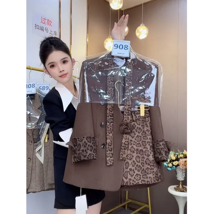 咖啡色豹纹拼接西服飘带外套2025气质洋气显瘦立体遮肉短裙三件套