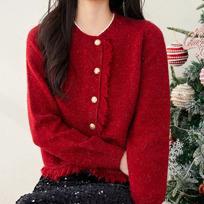 职业阿玛诗官女装2025春秋新款时尚亮丝小香风针织毛衣