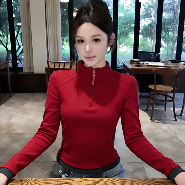 德绒立领长袖女女士红色保暖内搭T恤春秋修身显瘦打底衫上衣