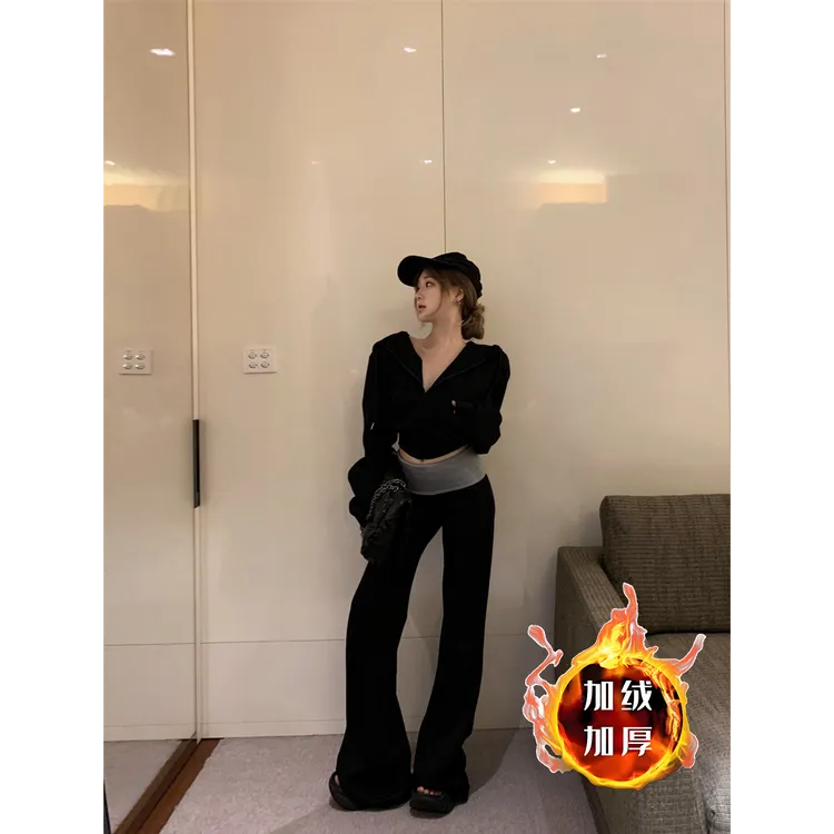 加绒加厚套装连帽长袖卫衣外套女秋冬穿搭撞色微喇叭裤两件套