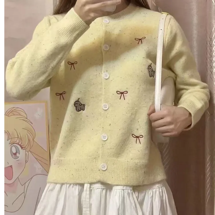 小狗刺绣蝴蝶结毛衣外套女春季慵懒风上衣软糯彩点针织毛针织开衫