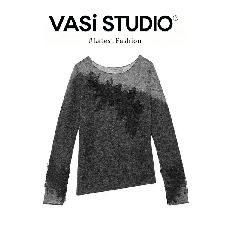 VASI 灰色蕾丝刺绣网纱微透针织衫上衣女秋冬气质内搭毛衣打底衫 