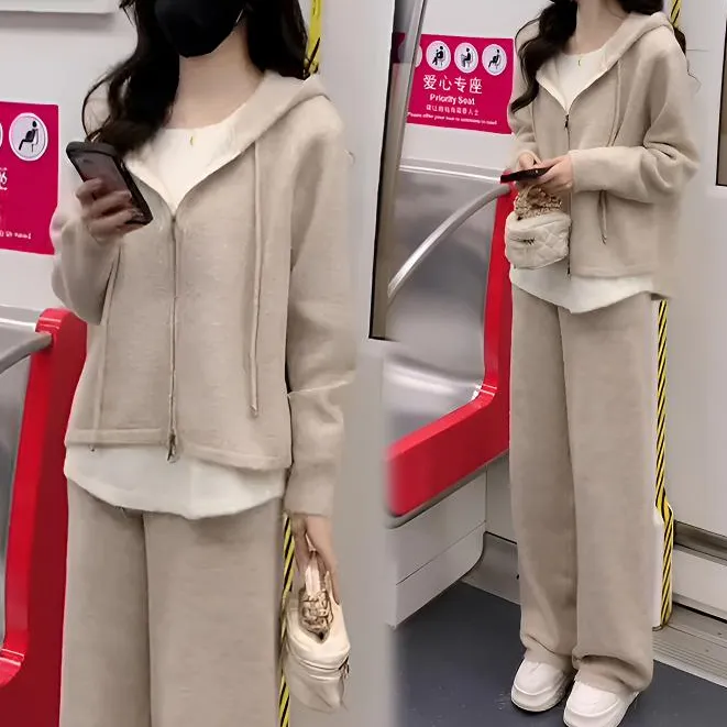 套装女2025春秋新款小香风宽松假两件针织连帽卫衣阔腿裤两件套