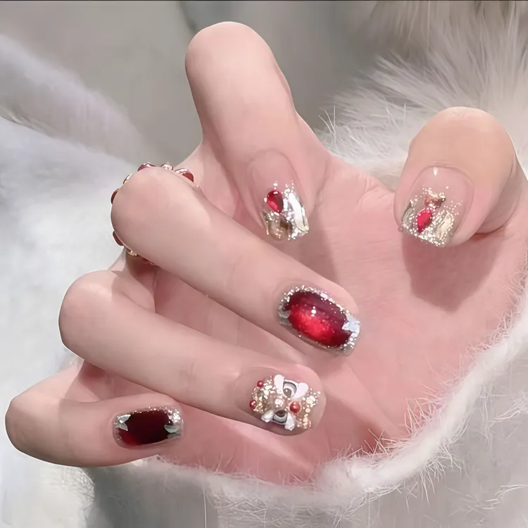 【红运醒狮】新年爆款红色狮子拼钻纯手工猫眼高级感氛围显白穿戴甲