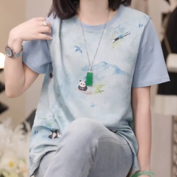 夏日出游国风小熊猫休闲短袖T恤2025夏季新款印花气质通勤上衣
