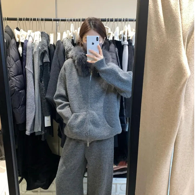 Cute Club 甜美风简约大毛领开衫毛衣外套冬季宽松针织休闲裤套装