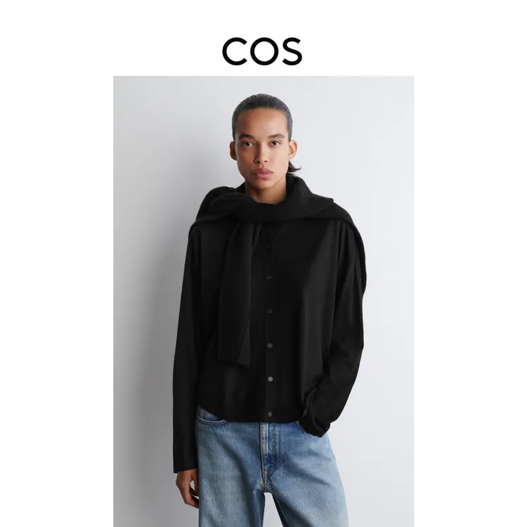 COS女装休闲美利奴羊毛开衫黑色流光风2025秋季新品1293478001
