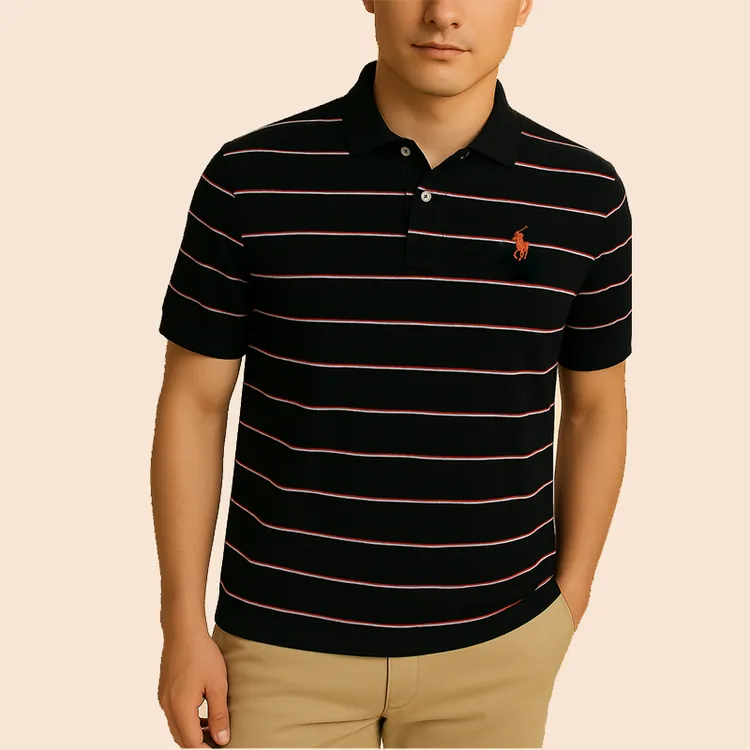 POLMAQIU保罗polo衫短袖T恤男夏季条纹翻领体恤休闲宽松中年男装