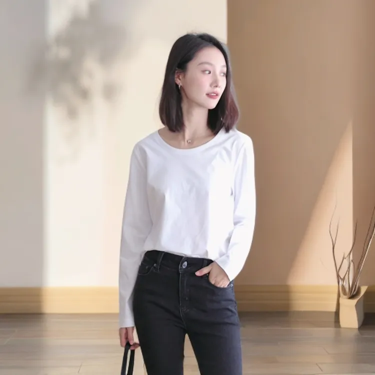 秋季女装大领口白t恤女款纯色简约百搭长袖打底衫时尚显瘦赫本风