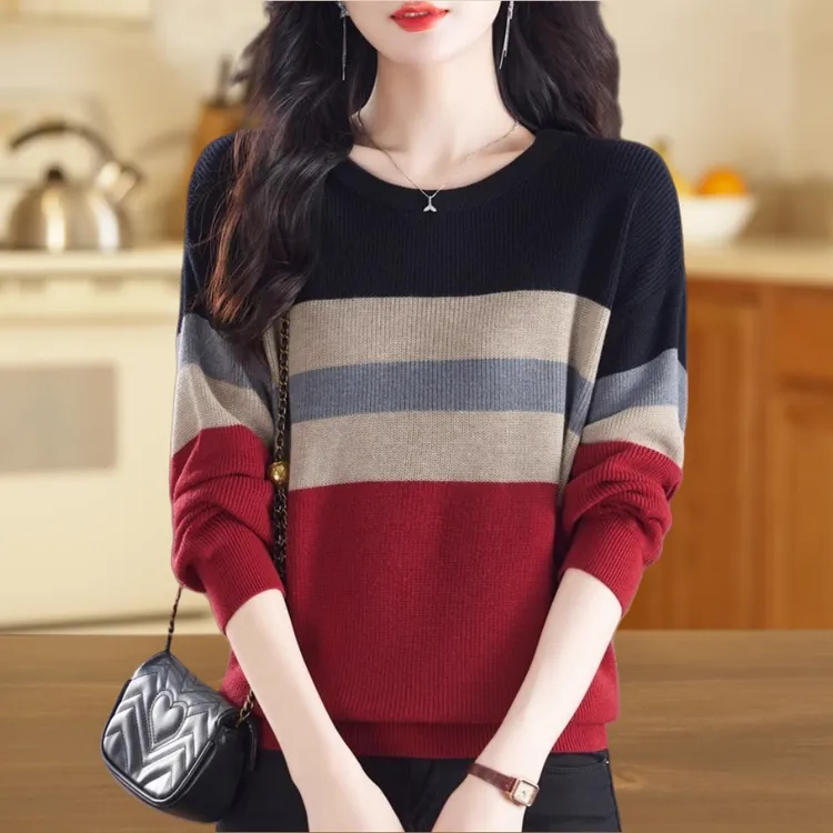 原单意大利大牌女装欧货拼色圆领套头毛衣春宽松时尚针织上衣女款
