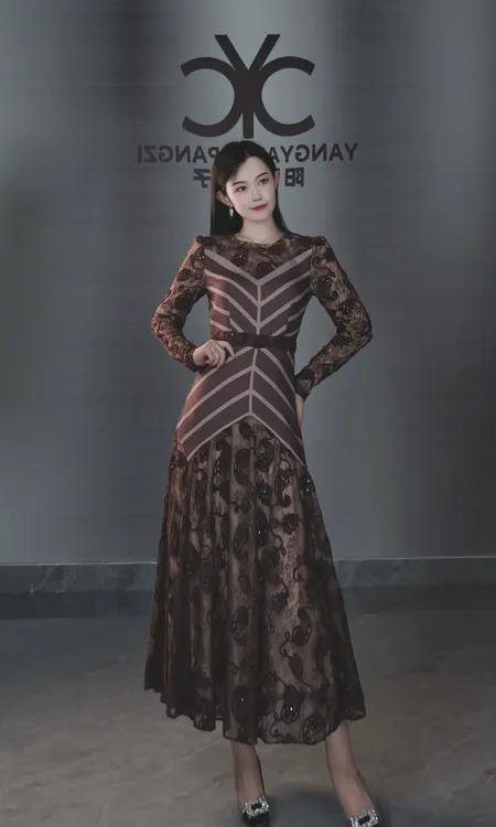 显瘦滤镜105332咖啡色条纹高定蕾丝拼接A字裙时尚不规则连衣裙