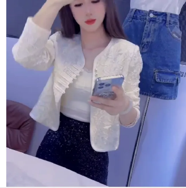 2024春季新款时尚工提花长袖短外套高腰半身裙女装KKa