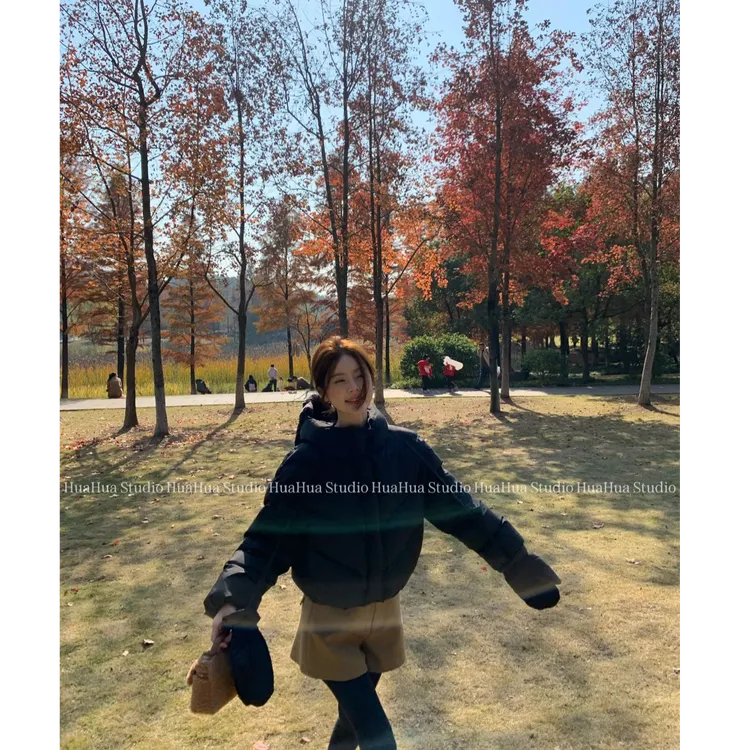 【花花】黑巧面包~韩版连帽时尚90白鸭绒外套（配手套）短款羽绒服