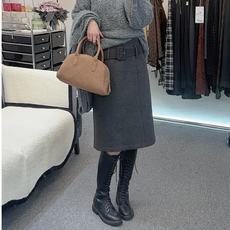 厚毛呢中裙秋冬厚款洋气后开叉半身裙