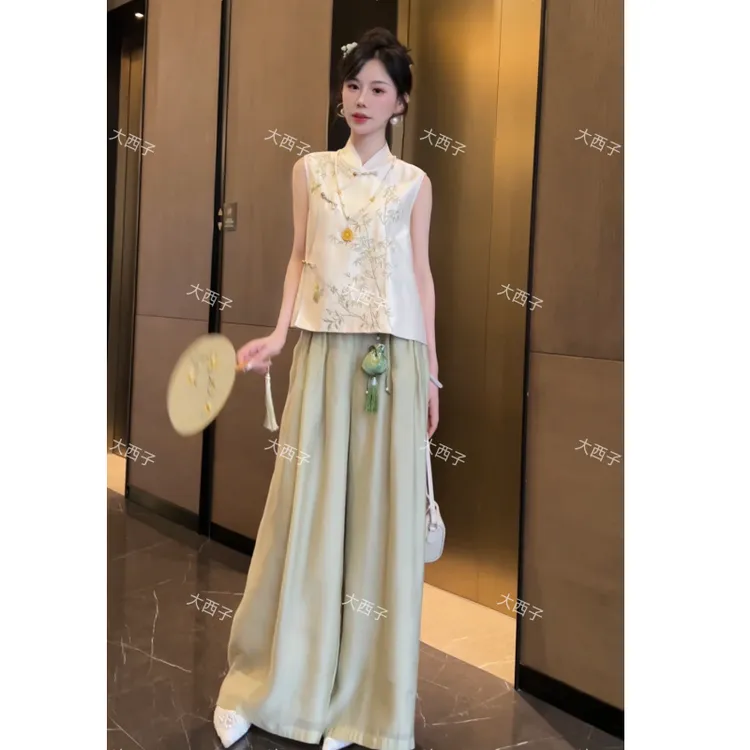 新中式气质国风刺绣无袖上衣女装2025夏季新款阔腿裤慵懒休闲套装