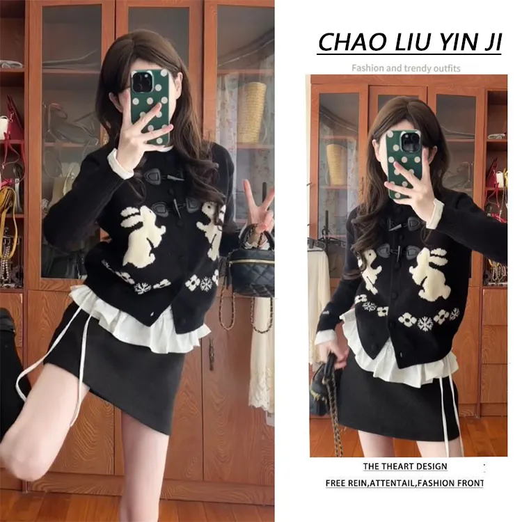 2025新款冬季穿搭小众洋气针织衫叠穿长袖衬衫百搭短裙三件套装潮