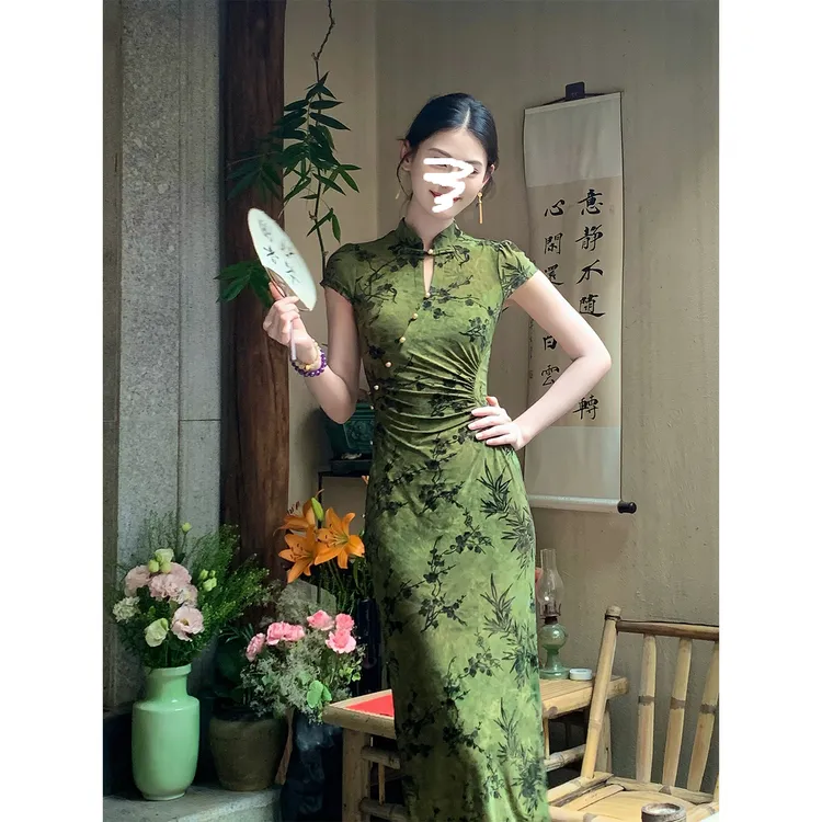 新中式绣花旗袍领改良旗袍女春夏镂空收腰连衣裙3170#