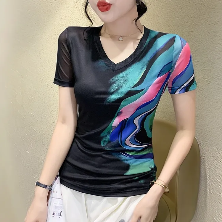 洋气衣服短袖女款爆款2025新款正版网纱上衣流行百搭休闲高端纱衣